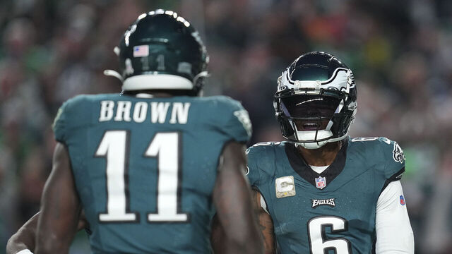 PHILADELPHIA, PENNSYLVANIA - NOVEMBER 5: A.J. Brown #11 of the Philadelphia Eagles celebrates with DeVonta Smith #6 against the Dallas Cowboys at Lincoln Financial Field on November 5, 2023 in Philadelphia, Pennsylvania.