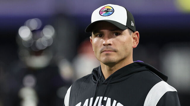 BALTIMORE, MARYLAND - OCTOBER 09: Defensive coordinator Mike Macdonald of the Baltimore Ravens looks on during pregame warmups prior to facing the Cincinnati Bengals at M&T Bank Stadium on October 09, 2022 in Baltimore, Maryland.