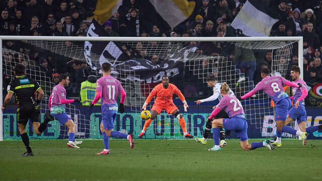 UDINE, ITALY - JANUARY 20: Lazar Samardzic of Udinese Calcio scores his team's first goal during the Serie A TIM match between Udinese Calcio and AC Milan at Dacia Arena on January 20, 2024 in Udine, Italy.