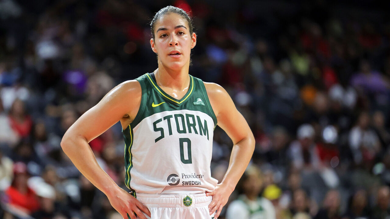 LAS VEGAS, NEVADA - SEPTEMBER 02: Kia Nurse #0 of the Seattle Storm stands on the court during a break in the fourth quarter of a game against the Las Vegas Aces at Michelob ULTRA Arena on September 02, 2023 in Las Vegas, Nevada. The Aces defeated the Storm 103-77.