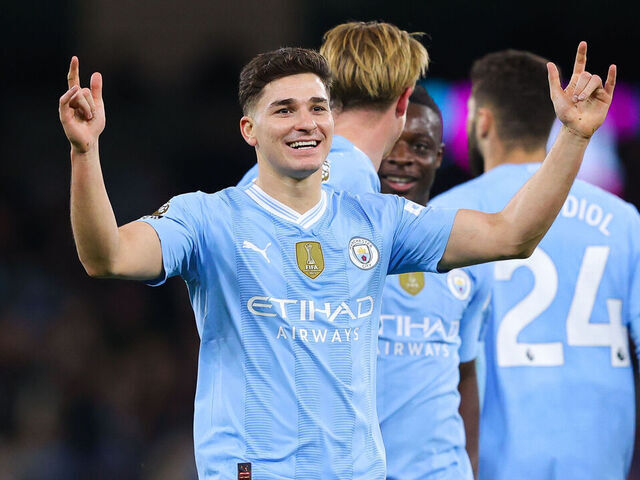 MANCHESTER, ENGLAND - JANUARY 31: Julian Alvarez of Manchester City celebrates after scoring his side's second goal during the Premier League match between Manchester City and Burnley FC at Etihad Stadium on January 31, 2024 in Manchester, England.