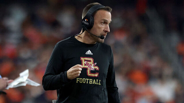 SYRACUSE, NEW YORK - NOVEMBER 03: Head Coach Jeff Hafley of the Boston College Eagles looks on during the second quarter against the Syracuse Orange at JMA Wireless Dome on November 03, 2023 in Syracuse, New York.