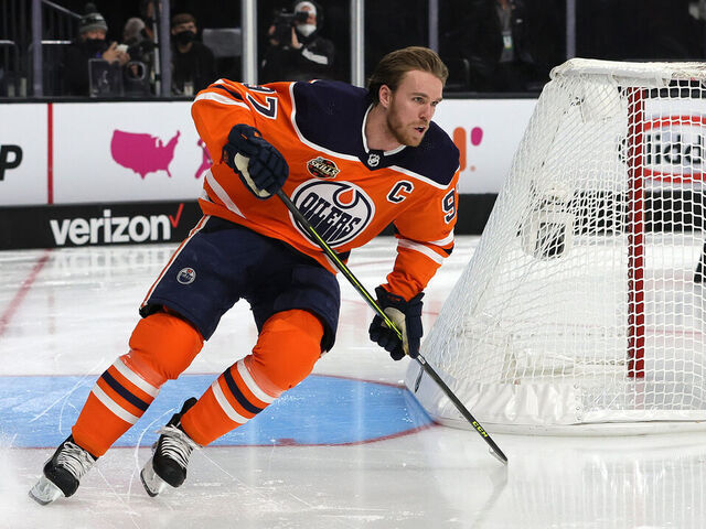 LAS VEGAS, NEVADA - FEBRUARY 04: Connor McDavid #97 of the Edmonton Oilers skates around the rink in the Fastest Skater competition during the 2022 NHL All-Star Skills at T-Mobile Arena on February 04, 2022 in Las Vegas, Nevada.