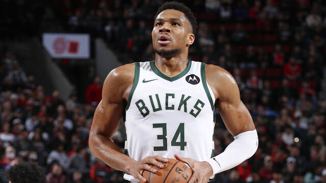 PORTLAND, OR - JANUARY 31: Giannis Antetokounmpo #34 of the Milwaukee Bucks shoots a free throw during the game on January 31, 2024 at the Moda Center Arena in Portland, Oregon. Mandatory Copyright Notice: Copyright 2024 NBAE