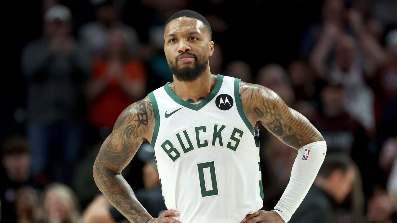 PORTLAND, OREGON - JANUARY 31: Damian Lillard #0 of the Milwaukee Bucks reacts during the second quarter against the Portland Trail Blazers at Moda Center on January 31, 2024 in Portland, Oregon.