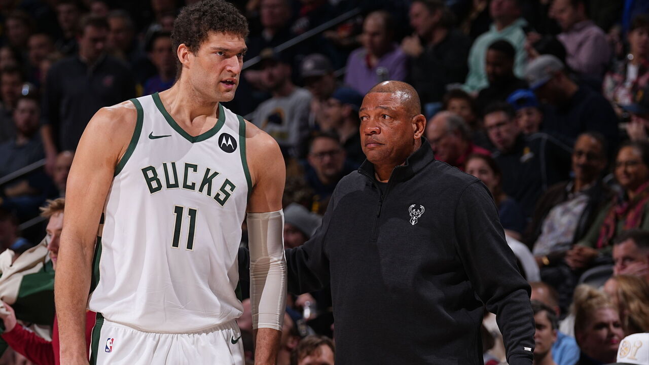 DENVER, CO - JANUARY 29: Brook Lopez #11 talks to Head Coach Doc Rivers of the Milwaukee Bucks during the game against the Denver Nuggets on January 29, 2024 at the Ball Arena in Denver, Colorado. NOTE TO USER: User expressly acknowledges and agrees that, by downloading and/or using this Photograph, user is consenting to the terms and conditions of the Getty Images License Agreement. Mandatory Copyright Notice: Copyright 2024 NBAE