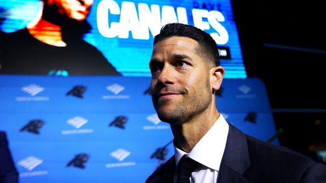 CHARLOTTE, NORTH CAROLINA - FEBRUARY 01: Carolina Panthers Head Coach Dave Canales looks on after speaking to media as the Carolina Panthers introduce Canales as their new Head Coach at Bank of America Stadium on February 01, 2024 in Charlotte, North Carolina.