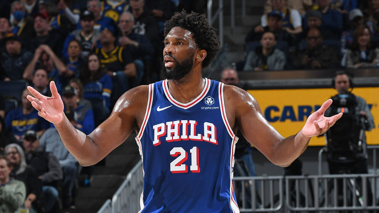 SAN FRANCISCO, CA - JANUARY 30: Joel Embiid #21 of the Philadelphia 76ers reacts during the game against the Golden State Warriors on January 30, 2024 at Chase Center in San Francisco, California. NOTE TO USER: User expressly acknowledges and agrees that, by downloading and or using this photograph, user is consenting to the terms and conditions of Getty Images License Agreement. Mandatory Copyright Notice: Copyright 2024 NBAE