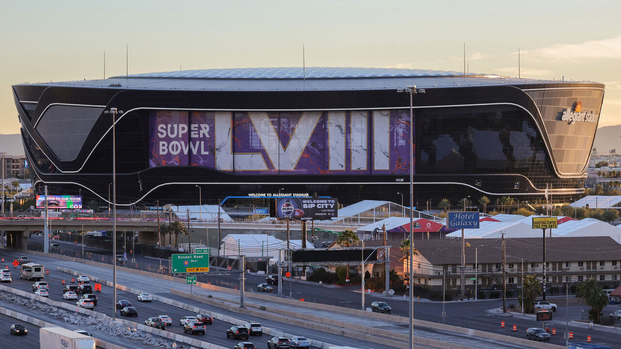 LAS VEGAS, NEVADA - JANUARY 30: An exterior view shows signage for Super Bowl LVIII at Allegiant Stadium on January 30, 2024 in Las Vegas, Nevada. The game will be played on February 11, 2024, between the Kansas City Chiefs and the San Francisco 49ers.