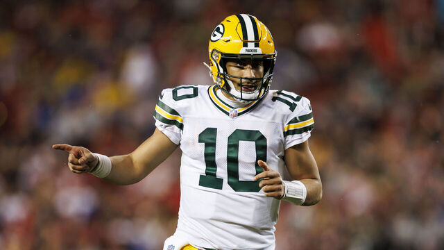 SANTA CLARA, CALIFORNIA - JANUARY 20: Jordan Love #10 of the Green Bay Packers celebrates after scoring a touchdown during an NFC divisional round playoff football game against the San Francisco 49ers at Levi's Stadium on January 20, 2024 in Santa Clara, California.