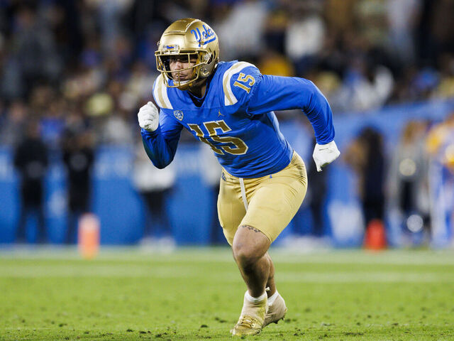 PASADENA, CA - NOVEMBER 25: UCLA Bruins defensive lineman Laiatu Latu (15) rushes the edge during a college football game against Cal Golden Bears on November 25, 2023 at Rose Bowl Stadium in Pasadena, CA.