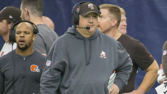 HOUSTON, TX - JANUARY 13: Cleveland Browns offensive coordinator Alex Van Pelt watches a play in the first quarter during the AFC Wild Card game between the Cleveland Browns and Houston Texans on January 13, 2024 at NRG Stadium in Houston, Texas.