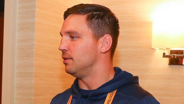 ATLANTA, GA - JANUARY 31: Los Angeles Rams assistant linebackers coach Chris Shula answers questions during the Los Angeles Rams Super Bowl LIII press conference on January 31, 2019 at the Atlanta Marriott Buckhead in Atlanta, GA.