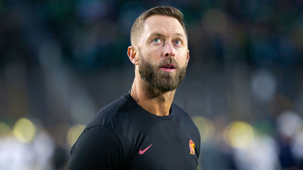 SOUTH BEND, IN - OCTOBER 14: Kliff Kingsbury of USC looks at the Jumbotron during pregame warmups before a game between University of Southern California and University of Notre Dame at Notre Dame Stadium on October 14, 2023 in South Bend, Indiana.