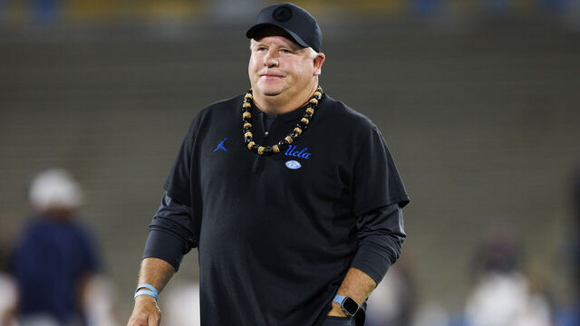PASADENA, CA - NOVEMBER 25: UCLA Bruins head coach Chip Kelly walks on the field during a college football game against Cal Golden Bears on November 25, 2023 at Rose Bowl Stadium in Pasadena, CA.