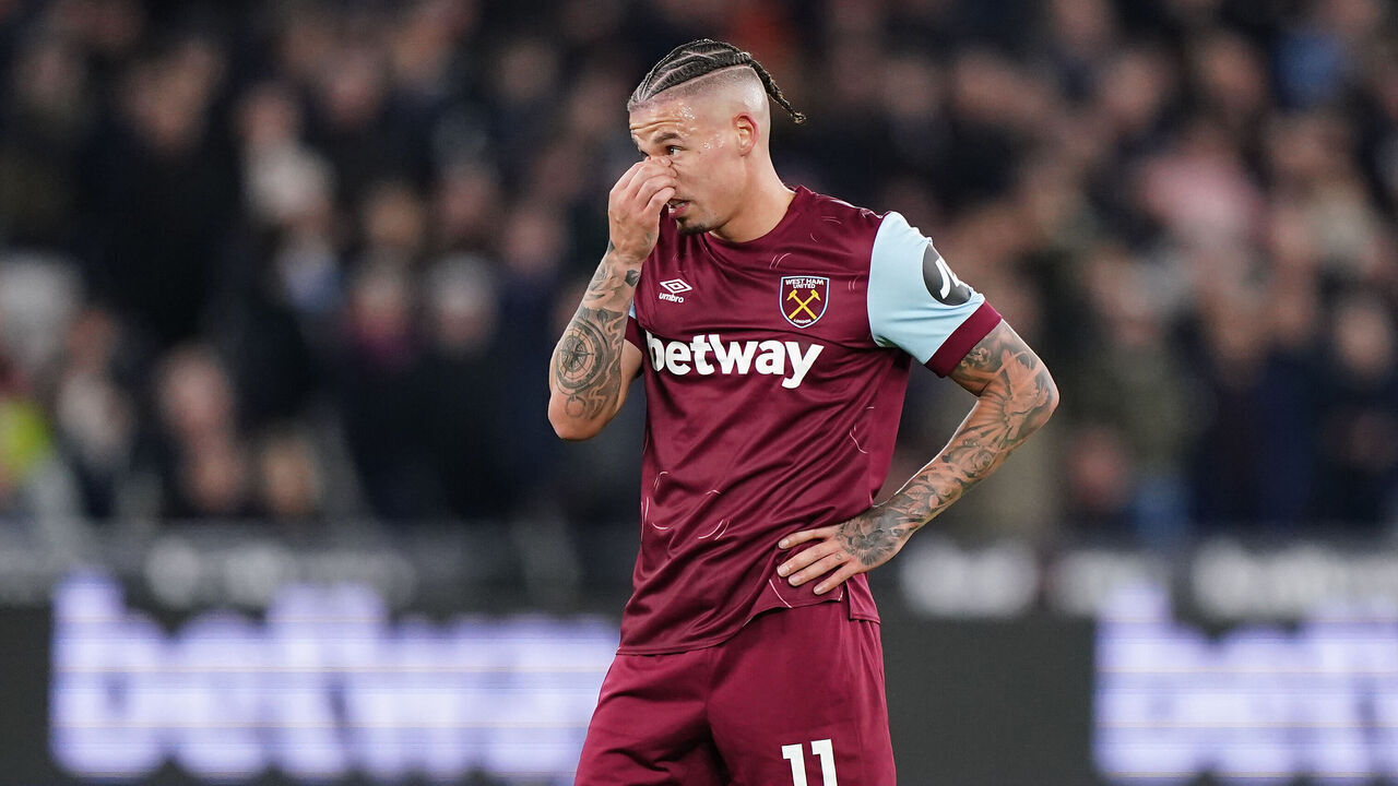 West Ham United's Kalvin Phillips looks frustrated during the Premier League match at the London Stadium, London. Picture date: Thursday February 1, 2024.