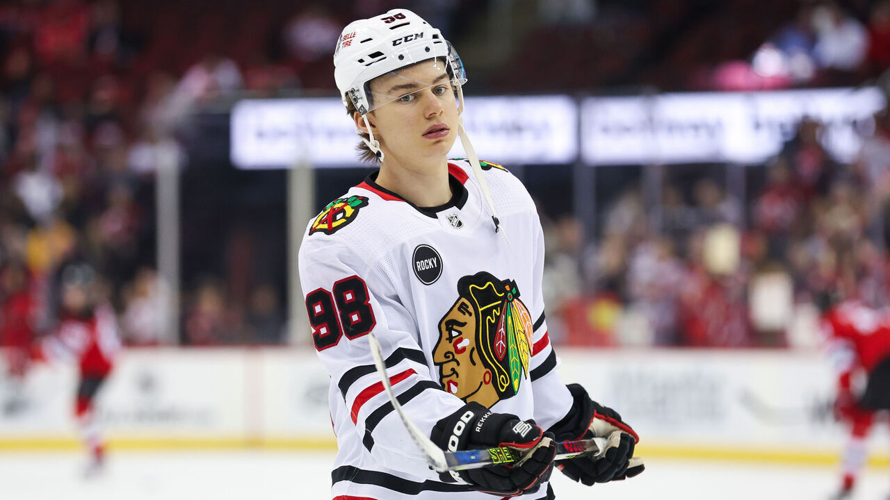NEWARK, NJ - JANUARY 05: Chicago Blackhawks center Connor Bedard (98) warms up before a game between the Chicago Blackhawks and New Jersey Devils on January 05, 2024 at Prudential Center in the Newark, New Jersey.