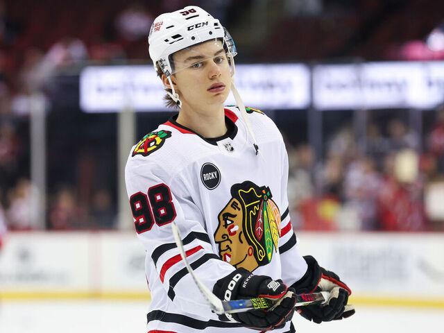 NEWARK, NJ - JANUARY 05: Chicago Blackhawks center Connor Bedard (98) warms up before a game between the Chicago Blackhawks and New Jersey Devils on January 05, 2024 at Prudential Center in the Newark, New Jersey.