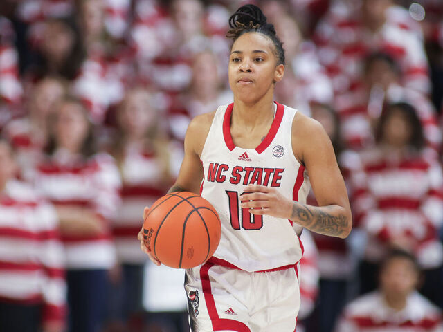 RALEIGH, NC - JANUARY 21: NC State Wolfpack guard Aziaha James (10) brings the ball up court during the college basketball game between the NC State Wolfpack and the Duke Blue Devils on January 21, 2024 at Reynolds Coliseum in Raleigh, NC.