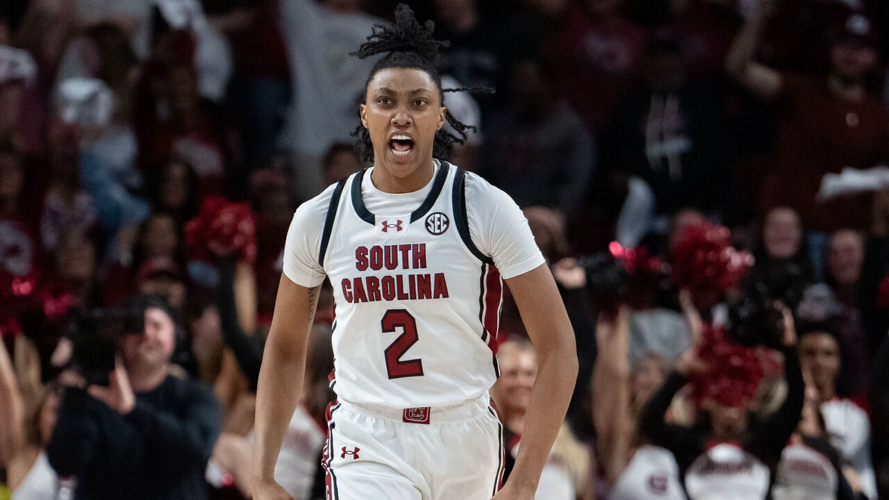 COLUMBIA, SOUTH CAROLINA - JANUARY 15: Ashlyn Watkins #2 of the South Carolina Gamecocks reacts after dunking the ball in the first quarter during their game against the Kentucky Wildcats at Colonial Life Arena on January 15, 2024 in Columbia, South Carolina.