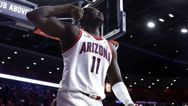 TUCSON, ARIZONA - FEBRUARY 01: Oumar Ballo #11 of the Arizona Wildcats reacts after being fouled during the first half against the California Golden Bears at McKale Center on February 01, 2024 in Tucson, Arizona.