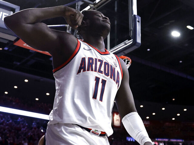 TUCSON, ARIZONA - FEBRUARY 01: Oumar Ballo #11 of the Arizona Wildcats reacts after being fouled during the first half against the California Golden Bears at McKale Center on February 01, 2024 in Tucson, Arizona.