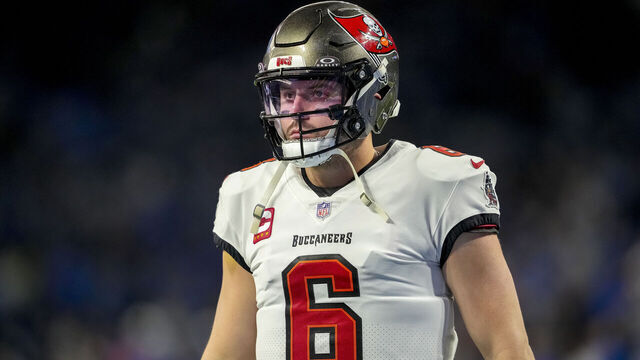 DETROIT, MICHIGAN - JANUARY 21: Baker Mayfield #6 of the Tampa Bay Buccaneers looks on against the Detroit Lions at Ford Field on January 21, 2024 in Detroit, Michigan.