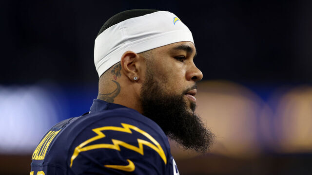 INGLEWOOD, CALIFORNIA - NOVEMBER 26: Keenan Allen #13 of the Los Angeles Chargers looks on prior to the game against the Baltimore Ravens at SoFi Stadium on November 26, 2023 in Inglewood, California.
