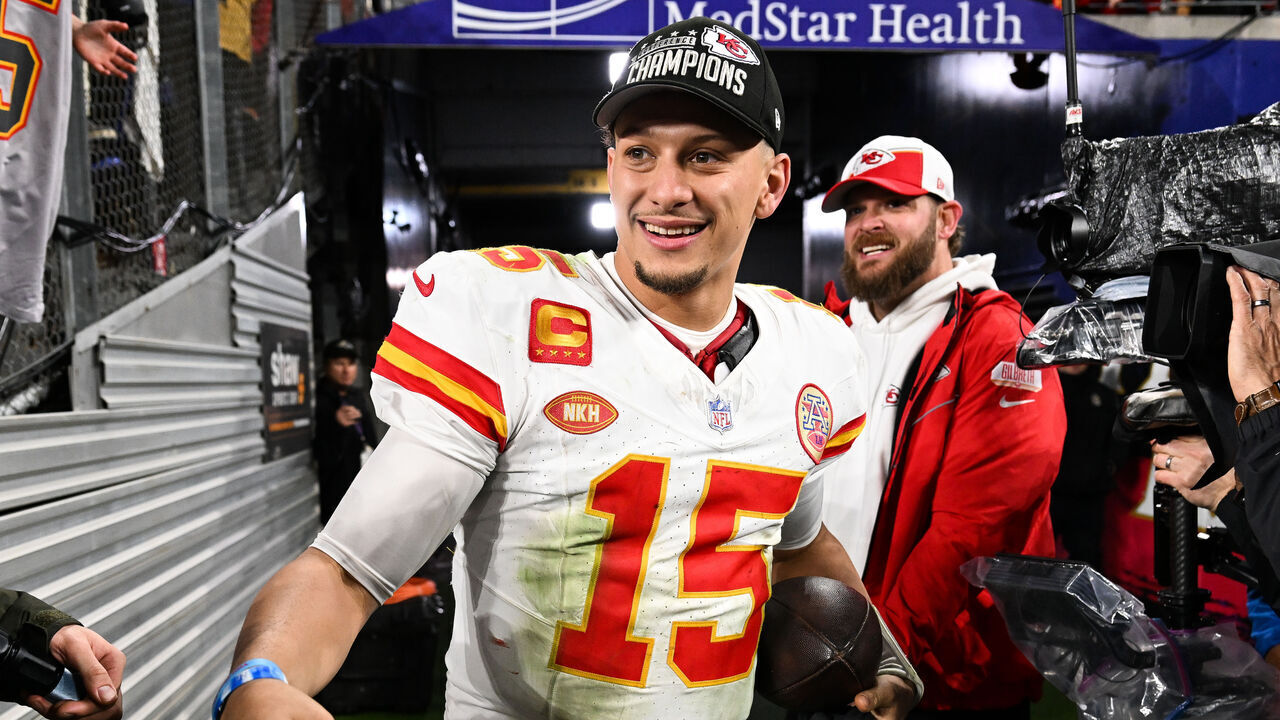 BALTIMORE, MD - JANUARY 28: Patrick Mahomes #15 the Kansas City Chiefs smiles following the AFC Championship game against the Baltimore Ravens at M&T Bank Stadium on January 28, 2024 in Baltimore, Maryland.