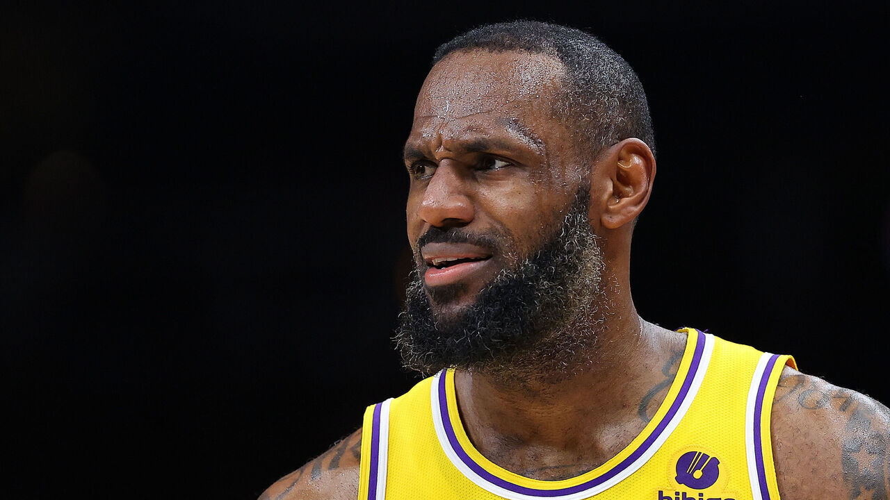 ATLANTA, GEORGIA - JANUARY 30: LeBron James #23 of the Los Angeles Lakers reacts against the Atlanta Hawks during the fourth quarter at State Farm Arena on January 30, 2024 in Atlanta, Georgia. NOTE TO USER: User expressly acknowledges and agrees that, by downloading and/or using this photograph, user is consenting to the terms and conditions of the Getty Images License Agreement.
