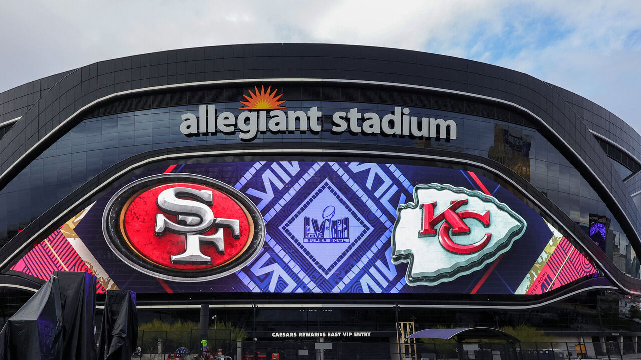 LAS VEGAS, NEVADA - FEBRUARY 01: A video board displays logos for Super Bowl LVIII at Allegiant Stadium on February 01, 2024 in Las Vegas, Nevada. The game will be played on February 11, 2024, between the Kansas City Chiefs and the San Francisco 49ers.