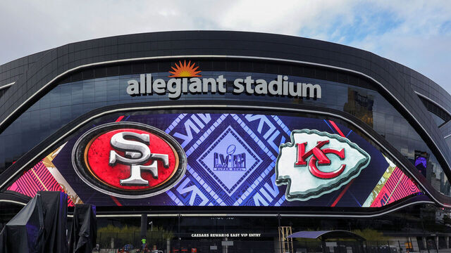 LAS VEGAS, NEVADA - FEBRUARY 01: A video board displays logos for Super Bowl LVIII at Allegiant Stadium on February 01, 2024 in Las Vegas, Nevada. The game will be played on February 11, 2024, between the Kansas City Chiefs and the San Francisco 49ers.