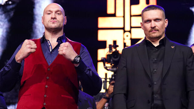 Tyson Fury (left) and Oleksandr Usyk during a press conference at Outernet London. Picture date: Thursday November 16, 2023.