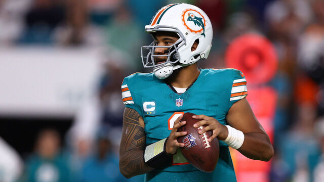 MIAMI GARDENS, FLORIDA - DECEMBER 24: Tua Tagovailoa #1 of the Miami Dolphins looks to throw a pass during the fourth quarter in the game against the Dallas Cowboys at Hard Rock Stadium on December 24, 2023 in Miami Gardens, Florida.