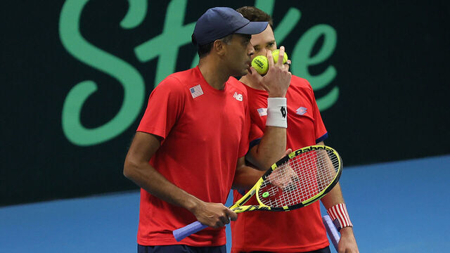 VILNIUS, LITHUANIA - FEBRUARY 2: USA's Rajeev Ram (left) and USA's Austin Krajicek talk together druing the match against Ukraine's Oleksii Krutykh and Ukraine's Illya Beloborodko during the Davis Cup Qualifier match between Ukraine and USA at SEB Arena on February 2, 2024 in Vilnius, Lithuania.