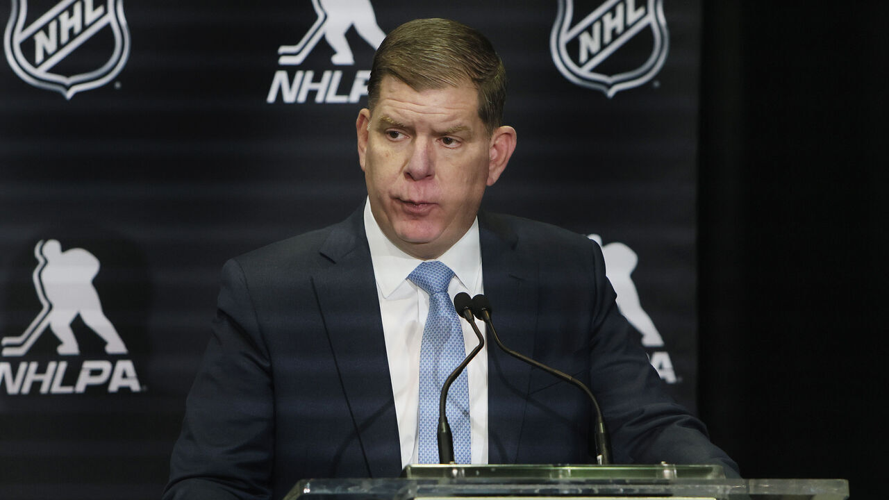 TORONTO, CANADA - FEBRUARY 02: NHLPA executive director Marty Walsh speaks with the media on February 02, 2024 at the Scotiabank Arena in Toronto, Ontario, Canada.