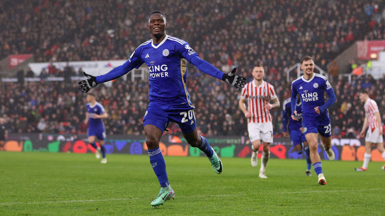 STOKE ON TRENT, ENGLAND - FEBRUARY 03: Leicester City's Patson Daka celebrates after scoring his sides third goal from the penalty spot during the Sky Bet Championship match between Stoke City and Leicester City at Bet365 Stadium on February 03, 2024 in Stoke on Trent, England.