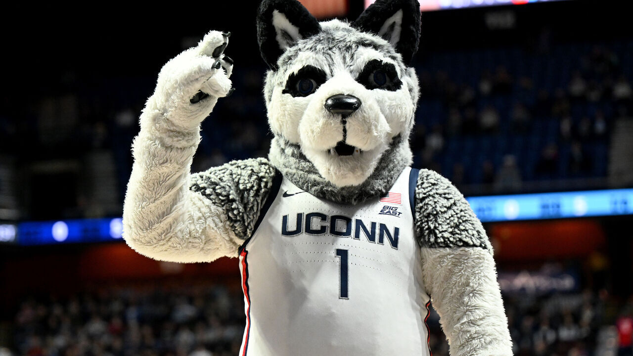 UNCASVILLE, CONNECTICUT - DECEMBER 10: The UConn Huskies mascot performs during the game against the North Carolina Tar Heels at Mohegan Sun Arena on December 10, 2023 in Uncasville, Connecticut.