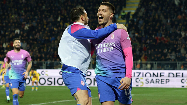 FROSINONE, ITALY - FEBRUARY 03: Luka Jovic of AC Milan celebrates after scoring his side third goal during the Serie A TIM match between Frosinone Calcio and AC Milan at Stadio Benito Stirpe on February 03, 2024 in Frosinone, Italy.