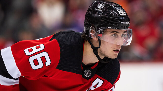 NEWARK, NEW JERSEY - JANUARY 05: Jack Hughes #86 of the New Jersey Devils gets ready for a third period faceoff during a game against the Chicago Blackhawks at Prudential Center on January 05, 2024 in Newark, New Jersey.