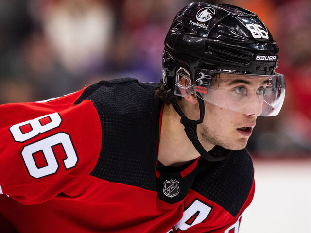 NEWARK, NEW JERSEY - JANUARY 05: Jack Hughes #86 of the New Jersey Devils gets ready for a third period faceoff during a game against the Chicago Blackhawks at Prudential Center on January 05, 2024 in Newark, New Jersey.