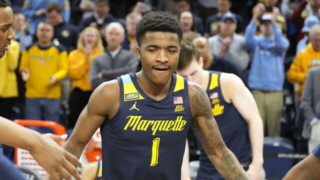 CHICAGO, IL - JANUARY 24: Kam Jones #1 of the Marquette Golden Eagles is introduced before a college basketball game against the DePaul Blue Demons at the Wintrust Arena on January 24, 2024 in Chicago, Illinois.