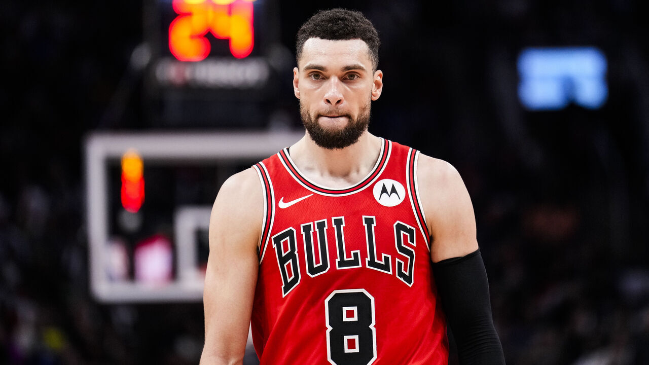 TORONTO, ON - JANUARY 18: Zach LaVine #8 of the Chicago Bulls look on against the Toronto Raptors during the first half of their basketball game at the Scotiabank Arena on January 18, 2024 in Toronto, Ontario, Canada. NOTE TO USER: User expressly acknowledges and agrees that, by downloading and/or using this Photograph, user is consenting to the terms and conditions of the Getty Images License Agreement.