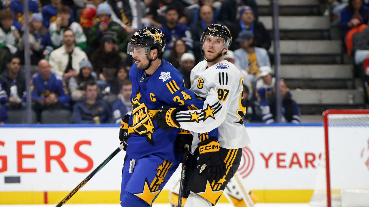 TORONTO, ONTARIO - FEBRUARY 03: Auston Matthews #34 of the Toronto Maple Leafs gets tied up with Connor McDavid #97 of the Edmonton Oilers during the game between Team Matthews and Team McDavid during the 2024 Honda NHL All-Star Game on February 03, 2024 in Toronto, Ontario.