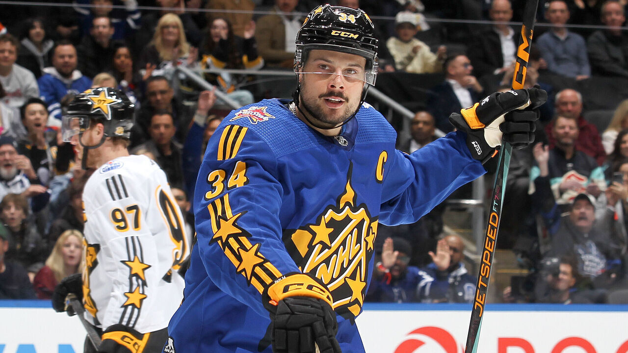 TORONTO, ONTARIO - FEBRUARY 03: Auston Matthews #34 of the Toronto Maple Leafs celebrates his goal during the game between Team Matthews and Team McDavid during the 2024 Honda NHL All-Star Game on February 03, 2024 in Toronto, Ontario.