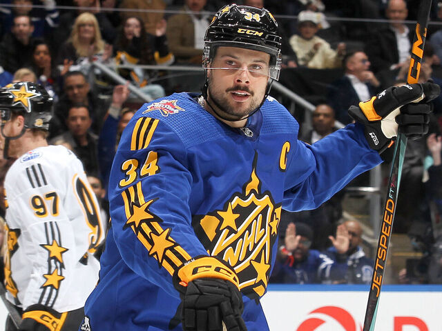 TORONTO, ONTARIO - FEBRUARY 03: Auston Matthews #34 of the Toronto Maple Leafs celebrates his goal during the game between Team Matthews and Team McDavid during the 2024 Honda NHL All-Star Game on February 03, 2024 in Toronto, Ontario.