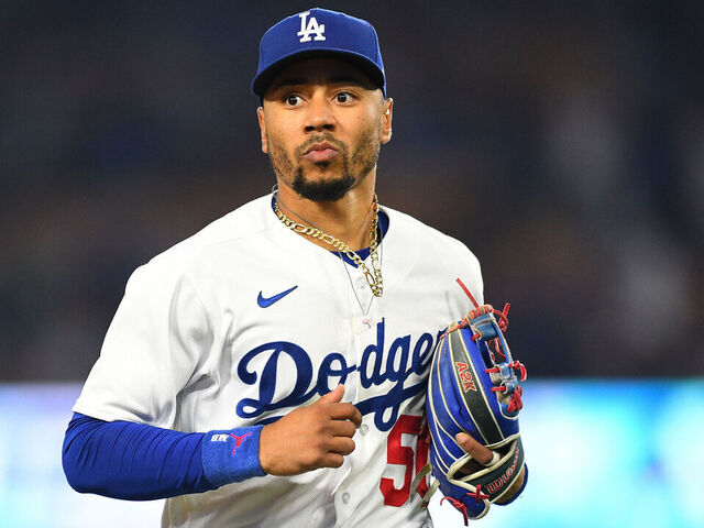 LOS ANGELES, CA - SEPTEMBER 21: Los Angeles Dodgers second baseman Mookie Betts (50) looks on during the MLB game between the San Francisco Giants and the Los Angeles Dodgers on September 24, 2023 at Dodger Stadium in Los Angeles, CA.