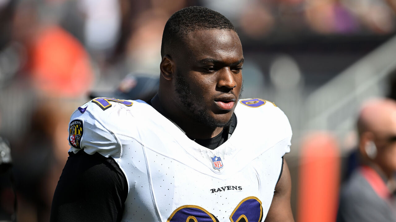 CLEVELAND, OHIO - OCTOBER 01: Justin Madubuike #92 of the Baltimore Ravens walks off the field at halftime against the Cleveland Browns at Cleveland Browns Stadium on October 01, 2023 in Cleveland, Ohio.