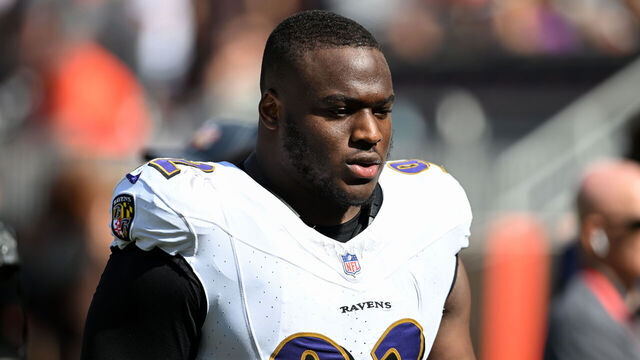 CLEVELAND, OHIO - OCTOBER 01: Justin Madubuike #92 of the Baltimore Ravens walks off the field at halftime against the Cleveland Browns at Cleveland Browns Stadium on October 01, 2023 in Cleveland, Ohio.