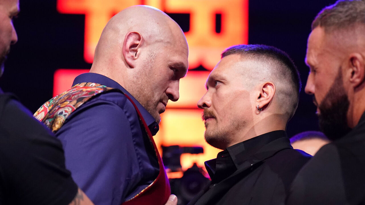 Tyson Fury (left) and Oleksandr Usyk during a press conference at Outernet London. Picture date: Thursday November 16, 2023.